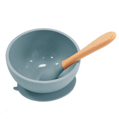 नॉन टॉक्सिक किड्स फीडिंग सिलिकॉन BPA फ्री सक्शन बाउल विथ वुडन हैंडल स्पून