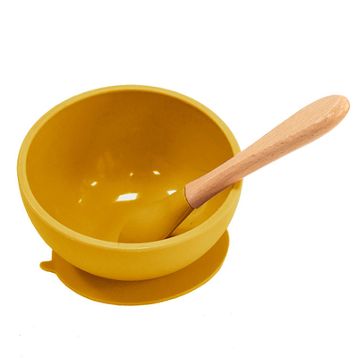 नॉन टॉक्सिक किड्स फीडिंग सिलिकॉन BPA फ्री सक्शन बाउल विथ वुडन हैंडल स्पून