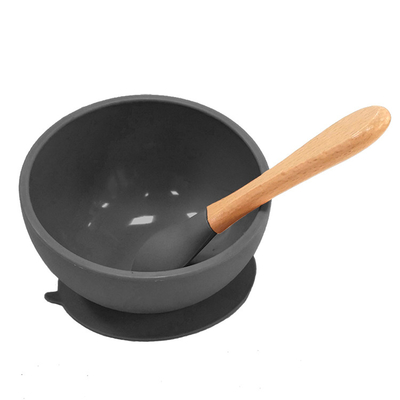 नॉन टॉक्सिक किड्स फीडिंग सिलिकॉन BPA फ्री सक्शन बाउल विथ वुडन हैंडल स्पून